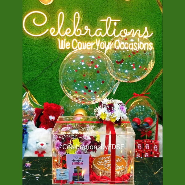 Acrylic Box, Cake, Imported Flower Box, Card & Balloons