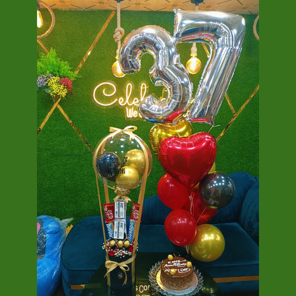 Floral Box with Chocolates, Cake Ferrero Rocher & Balloons