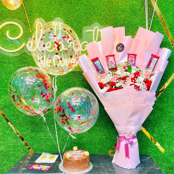 Large Bouquet with Chocolates, Cake  Ferrero Rocher, 3 Balloons, Candel