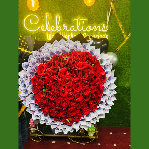 100 notes of 50 Rupees/5 Thousand  Cash 9500 bouquet