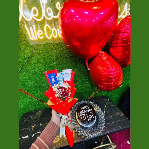 One Rose, One Chocolate, Mini Bouquet, Mini Cake & Ballons