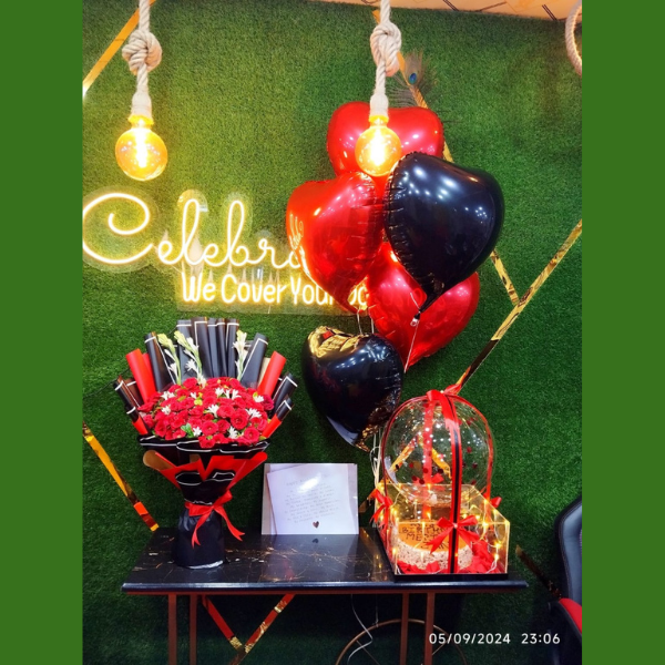 Pakistani Bouquet, Cake Box, Cake, 5 Balloons & Card