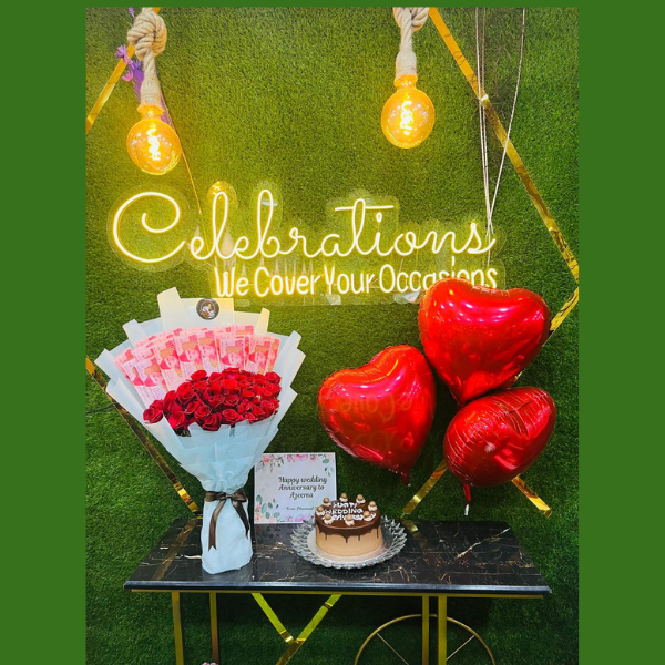 Pakistani Bouquet, Cash, 3 Ballons, Customized Card, Cake