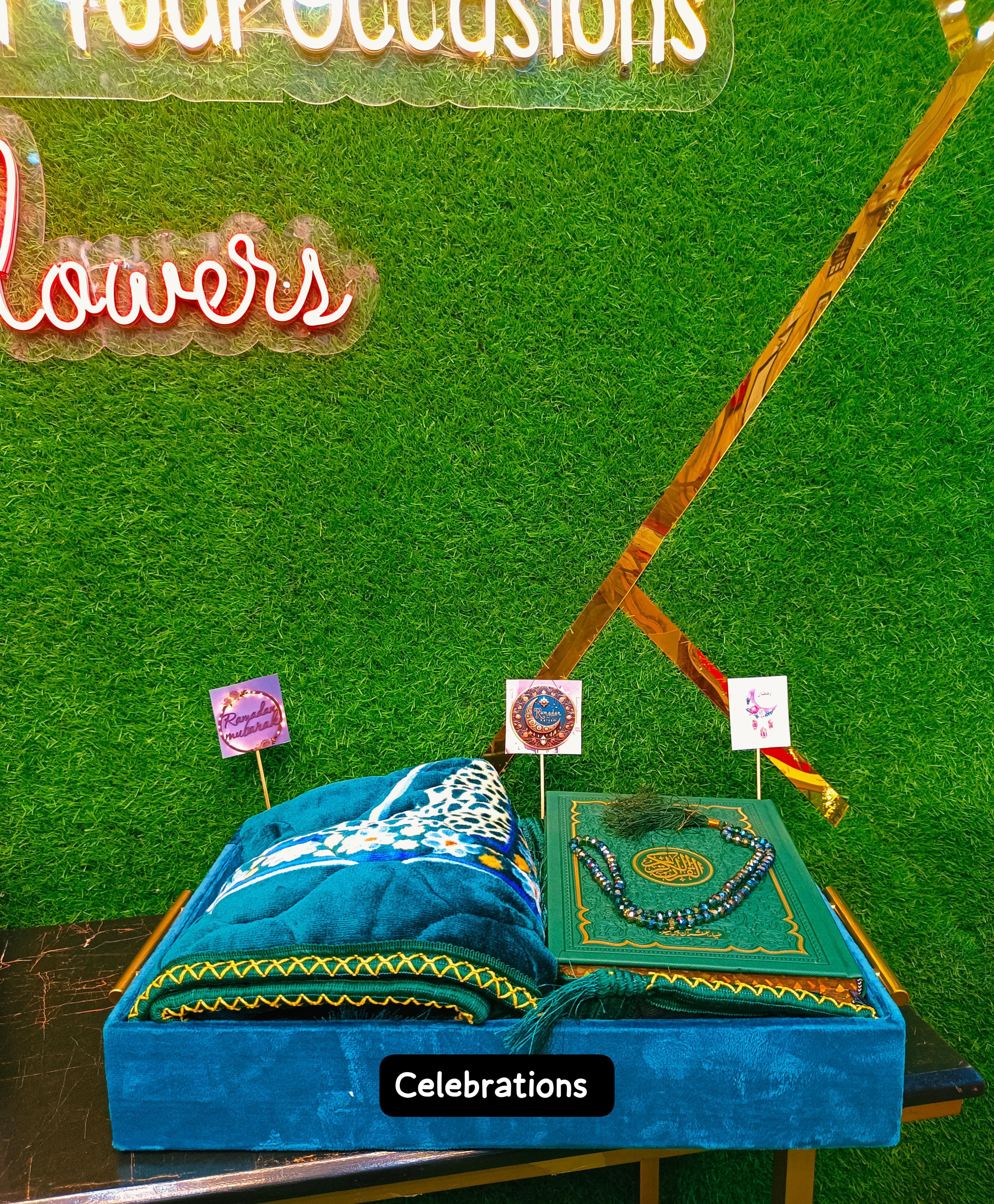 Jaye Namaz, Quran pak,Tasbih and  Wooden luxury velvet basket